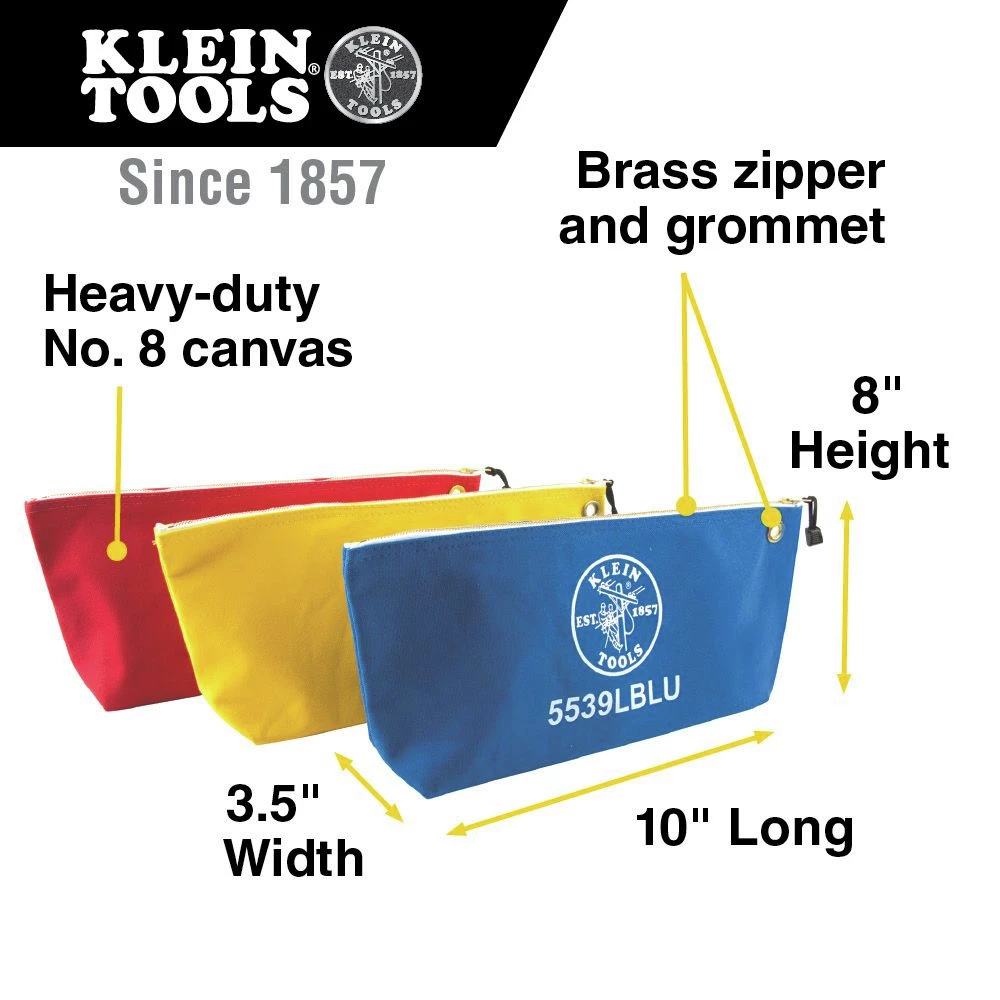Klein Tools 5539CPAK 3-Piece Assorted Canvas Zipper Bags - Red, Blue, Yellow 4 Klein Tools 5539CPAK 3-Piece Assorted Canvas Zipper Bags - Red, Blue, Yellow - Image 2