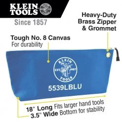 Klein Tools 5539LBLU 18 In. X 3.5 In. X 8 In. Canvas Zipper Consumables Tool Pouch - Large, Blue -Tool Storage Sales klnn5539lblu a