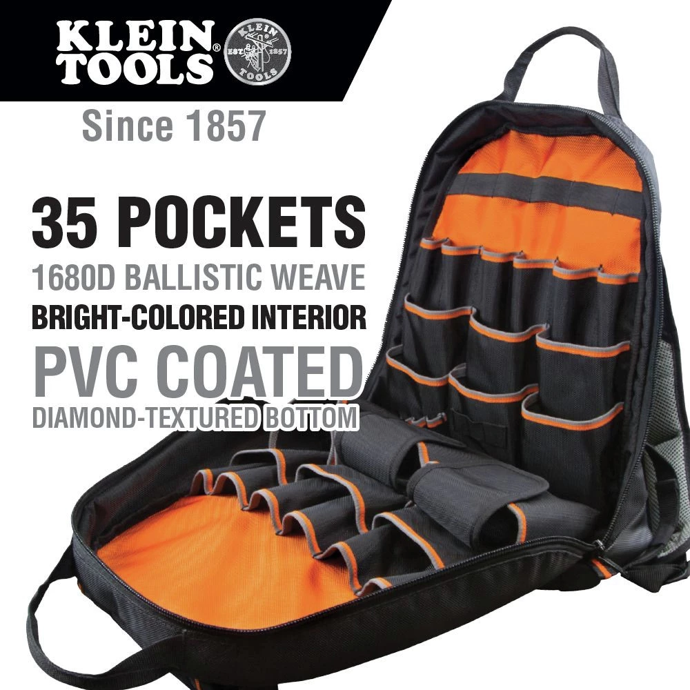 Klein Tools 55475 Tradesman Pro 17.5 In. 35-Pocket Tool Bag Backpack - Black/Orange 4 Klein Tools 55475 Tradesman Pro 17.5 In. 35-Pocket Tool Bag Backpack - Black/Orange - Image 2