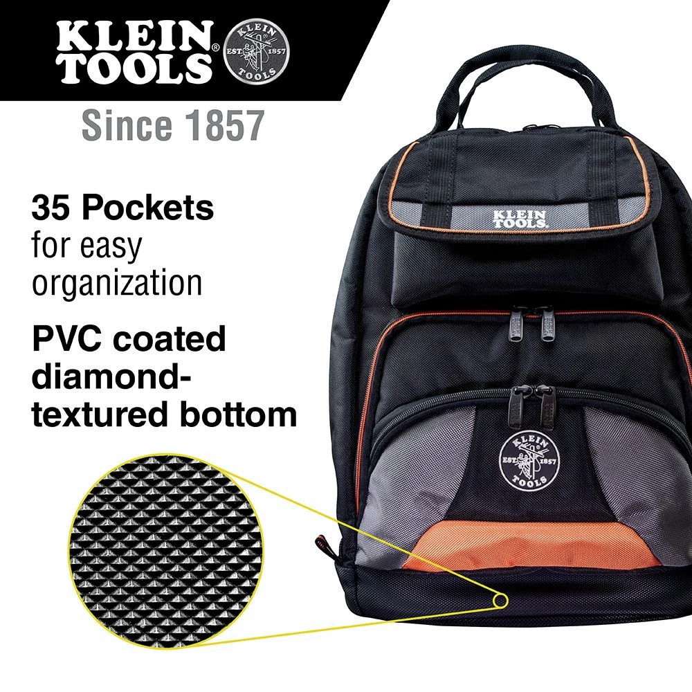 Klein Tools 55475 Tradesman Pro 17.5 In. 35-Pocket Tool Bag Backpack - Black/Orange 5 Klein Tools 55475 Tradesman Pro 17.5 In. 35-Pocket Tool Bag Backpack - Black/Orange - Image 3